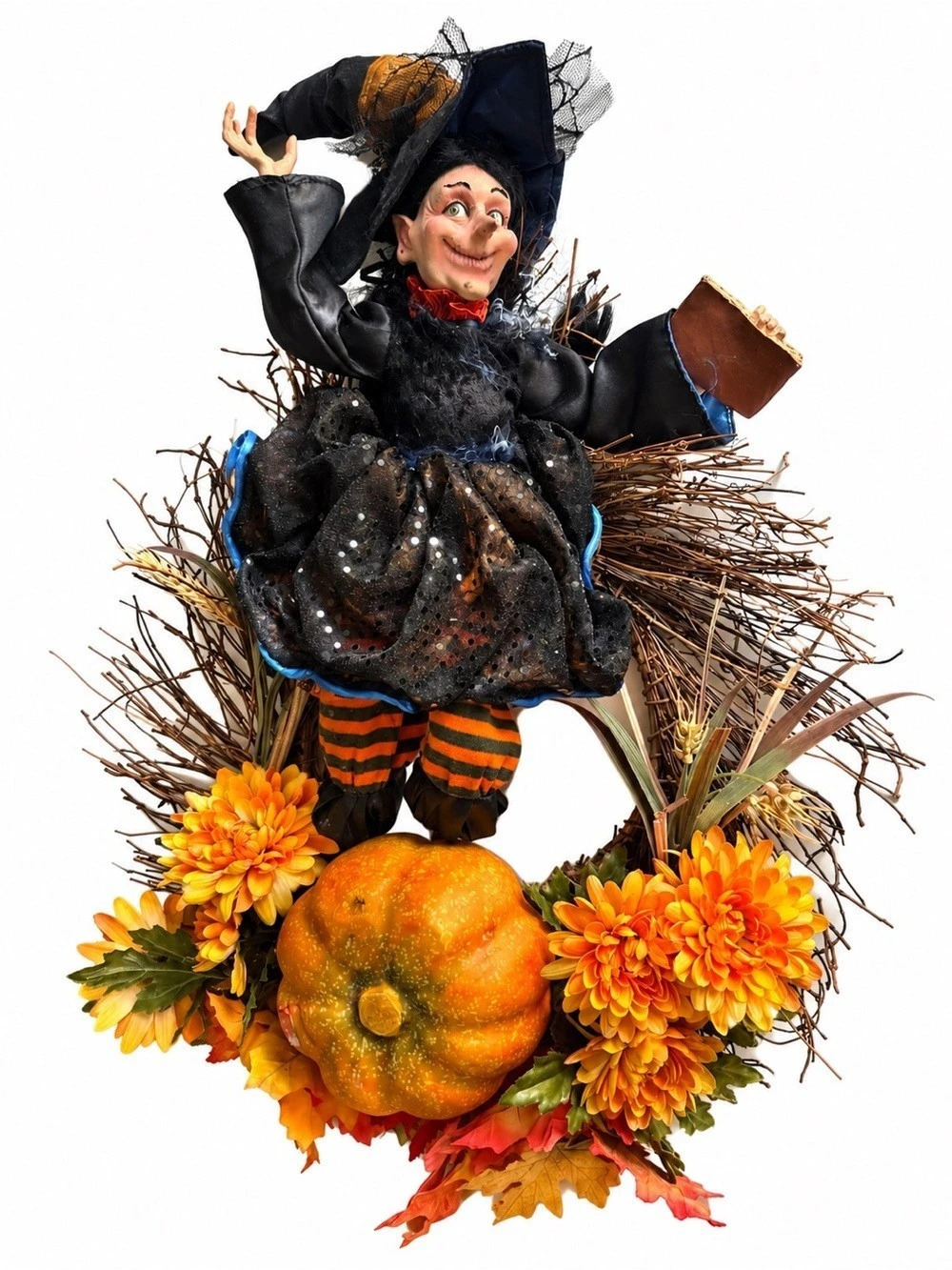 Large Halloween Witch Wreath with Pumpkin & Fall Flowers – 26” Door Decor